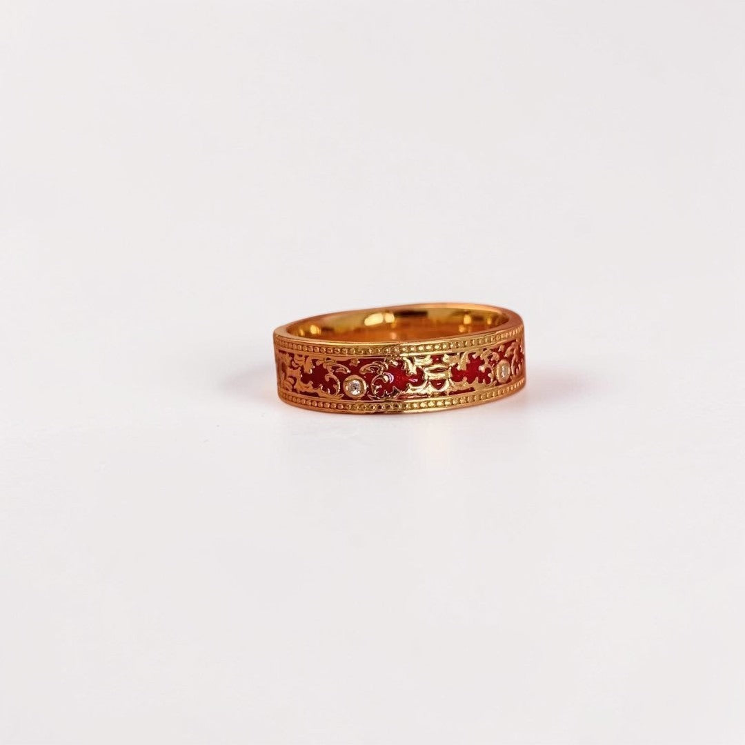 Anillo Ancho Dorado Esmalte Rojo Vintage
