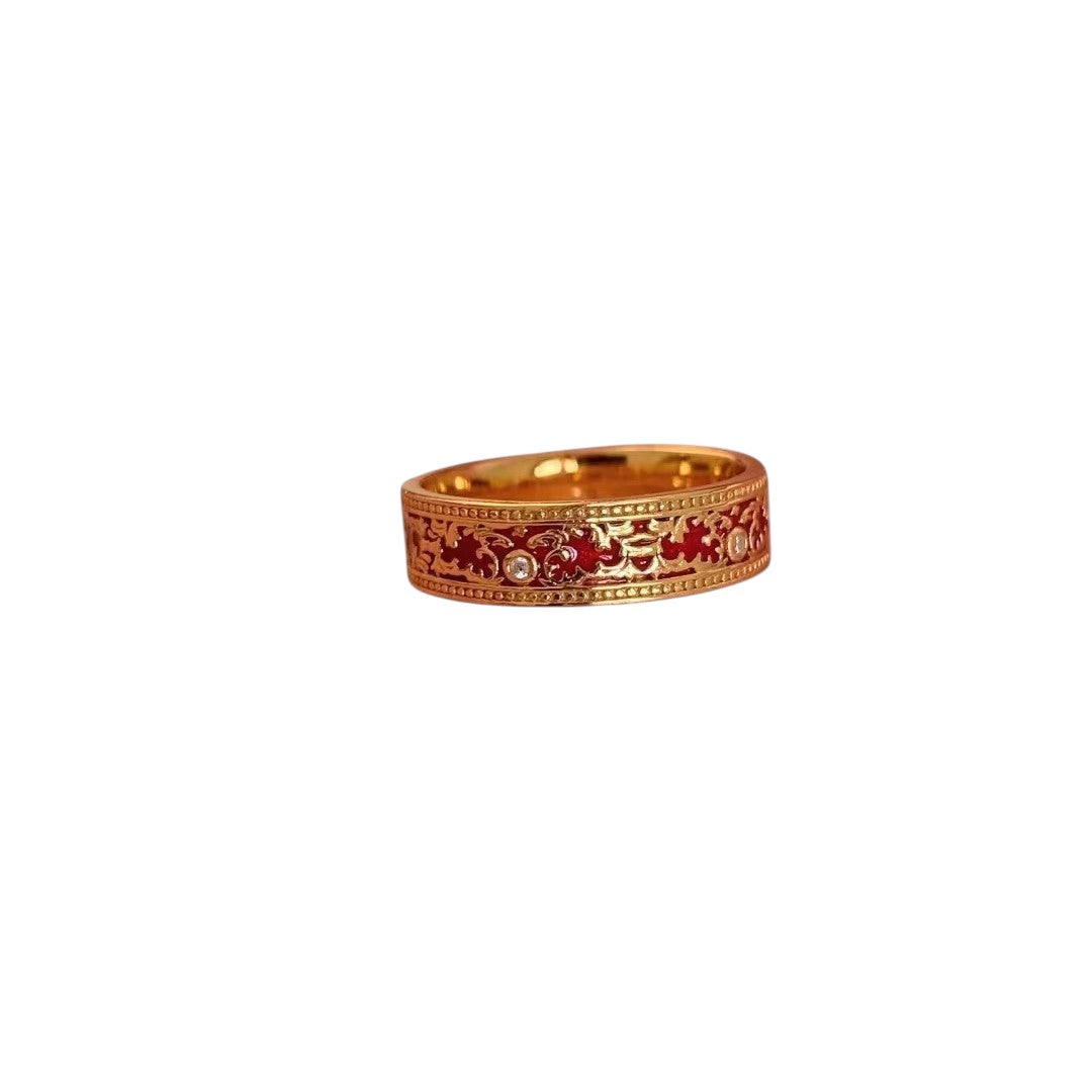 Anillo Ancho Dorado Esmalte Rojo Vintage