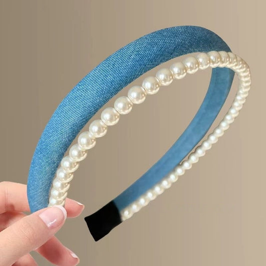 Urban Double Headband: Premium Denim + Classic Pearls