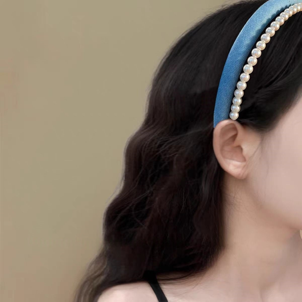 Urban Double Headband: Premium Denim + Classic Pearls