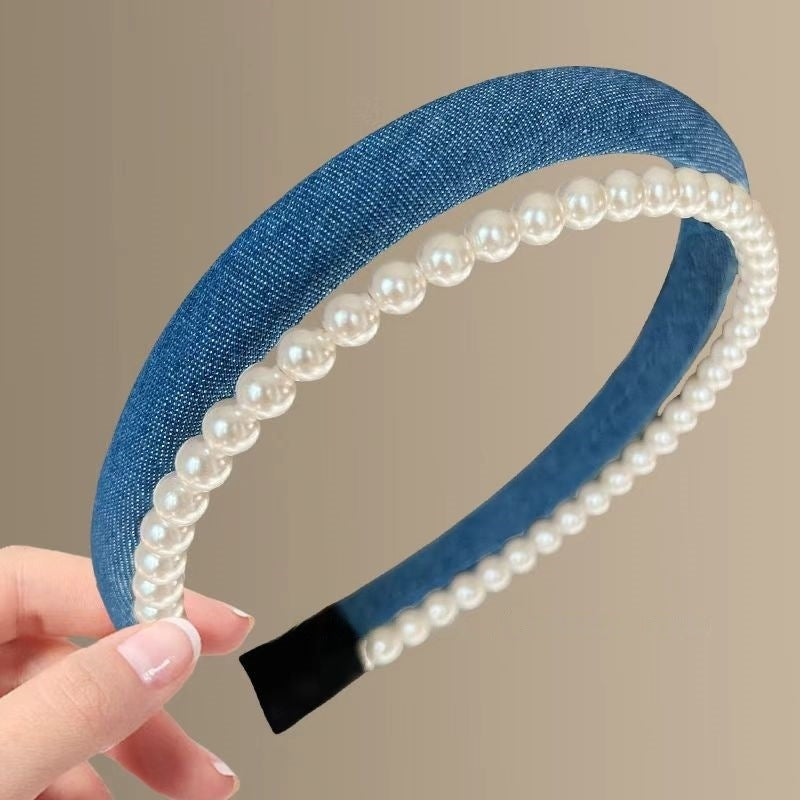 Urban Double Headband: Premium Denim + Classic Pearls