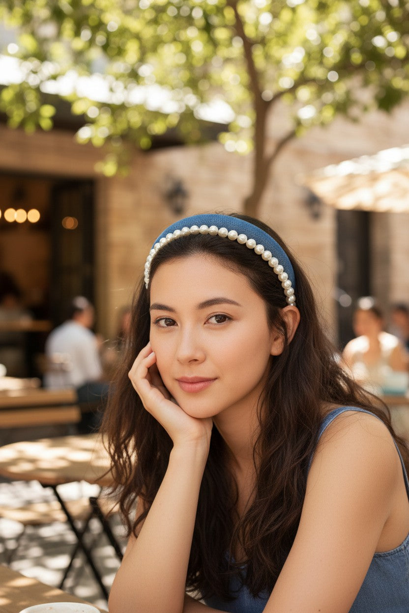 Urban Double Headband: Premium Denim + Classic Pearls