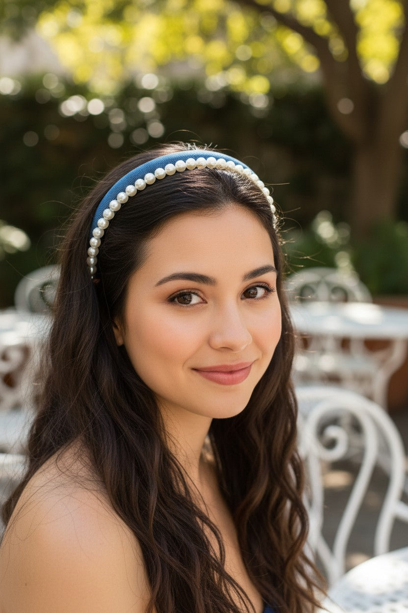 Urban Double Headband: Premium Denim + Classic Pearls