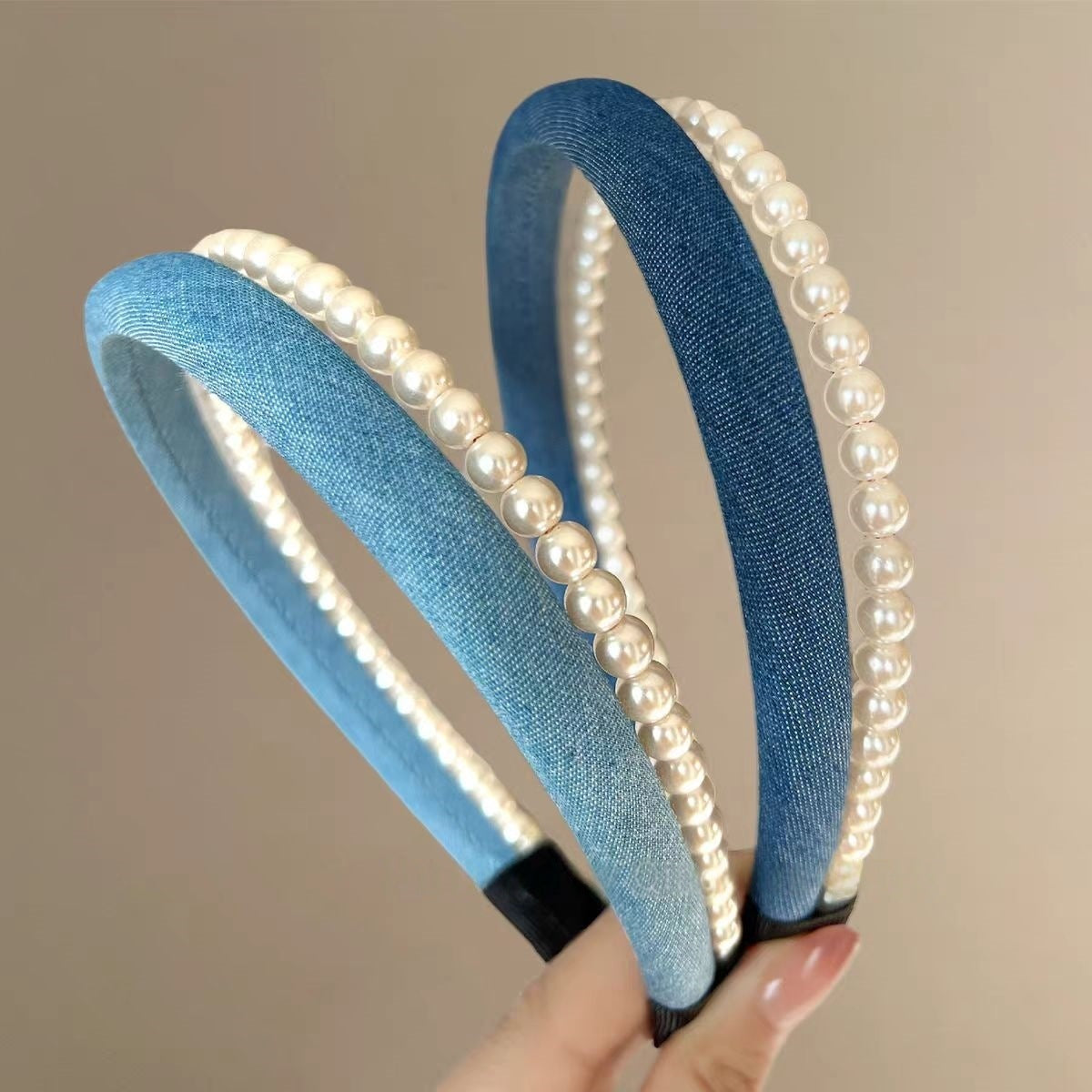 Urban Double Headband: Premium Denim + Classic Pearls