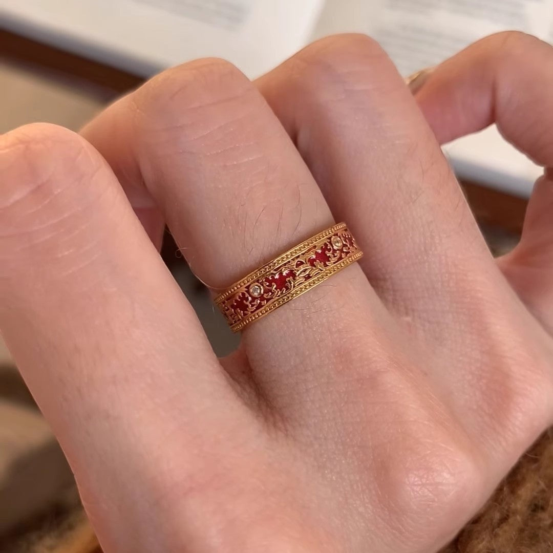 Anillo Ancho Dorado Esmalte Rojo Vintage